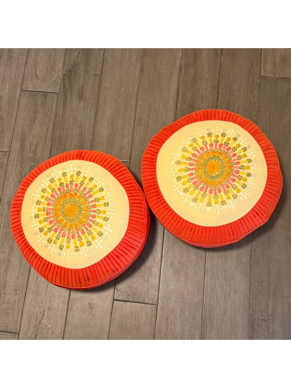 Vintage 60s 70s Embroidered Floral Round Pillows Orange Mod Boho Pair